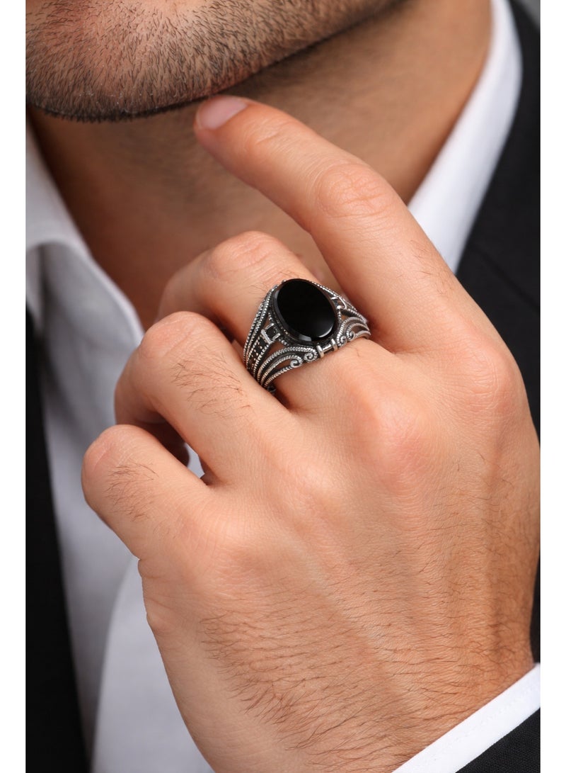 FINE SILVER 925 Sterling Silver Men's Vintage Signet Ring with Oval Black Onyx and Filigree Design - Image 4