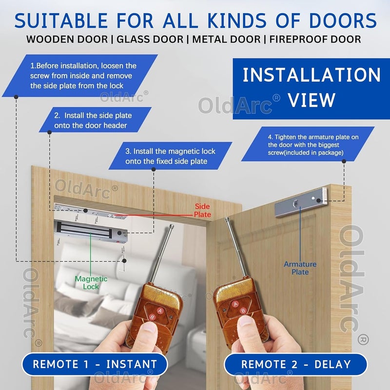 OldArc ER2 EM Lock 600lbs + 2 Remotes Door Lock | Electromagnetic Locks Remote Control Doors | 2 Wire electromagnetic Doors Lock | Wireless Remote Unlock Door Access Control | 12VDC Electric Locks - Image 5