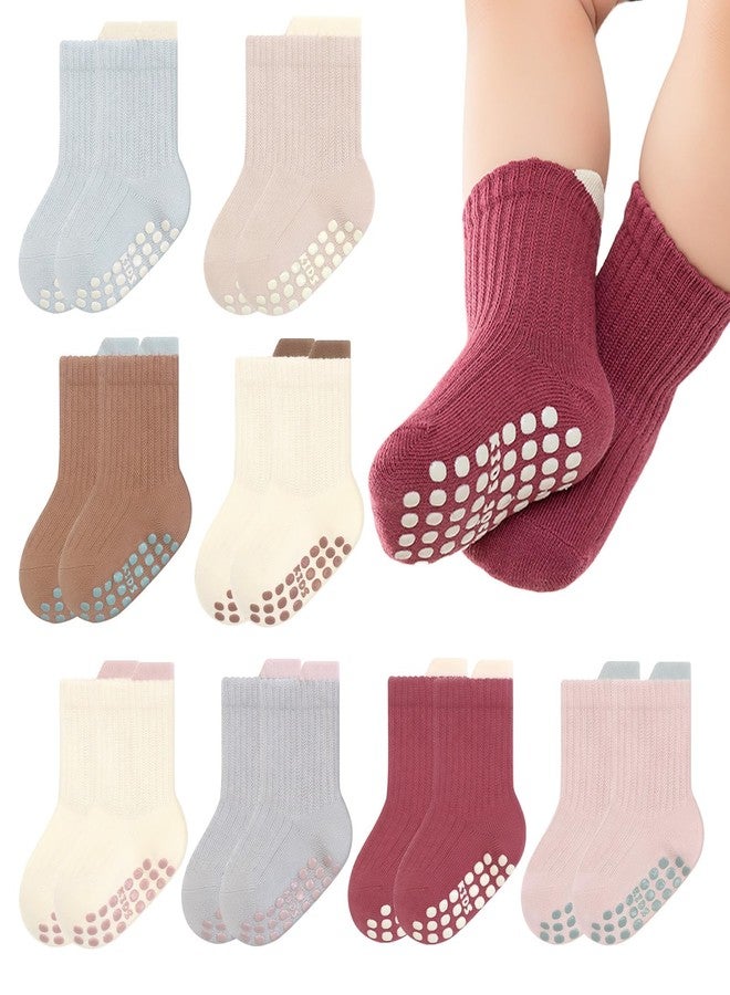 GJHJNSTG 8 Pairs Baby Socks Non Slip Grip Cotton Crew Socks for Boys Girls Newborn Infant Toddler Anti Skid Sock (6-12 Months, Brown + beige + light blue + bright red + light pink + pink + blue) - Image 1