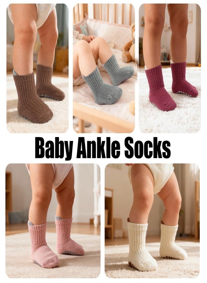 GJHJNSTG 8 Pairs Baby Socks Non Slip Grip Cotton Crew Socks for Boys Girls Newborn Infant Toddler Anti Skid Sock (6-12 Months, Brown + beige + light blue + bright red + light pink + pink + blue) - Image 5
