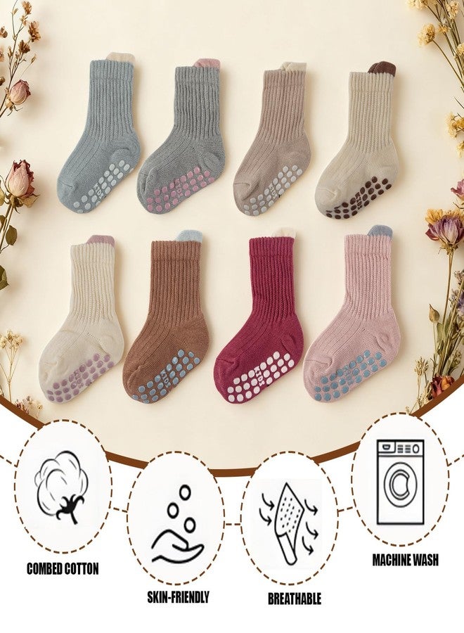 GJHJNSTG 8 Pairs Baby Socks Non Slip Grip Cotton Crew Socks for Boys Girls Newborn Infant Toddler Anti Skid Sock (6-12 Months, Brown + beige + light blue + bright red + light pink + pink + blue) - Image 3