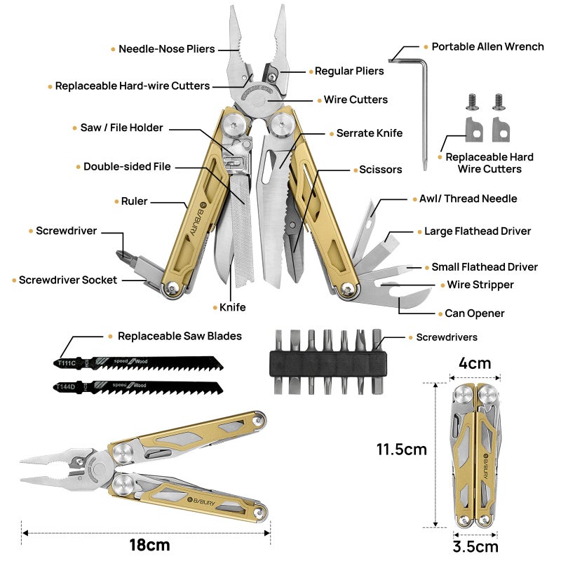 BIBURY Multitool Pliers Pro BI2045, 31-in-1 Stainless Steel Multi Tool with Replaceable Wire Cutters and Saw, Foldable Heavy-duty Multitool Set with Scissors and Screwdriver for Hiking Camping Repair - Image 2