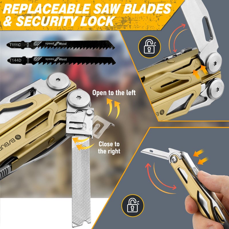BIBURY Multitool Pliers Pro BI2045, 31-in-1 Stainless Steel Multi Tool with Replaceable Wire Cutters and Saw, Foldable Heavy-duty Multitool Set with Scissors and Screwdriver for Hiking Camping Repair - Image 4