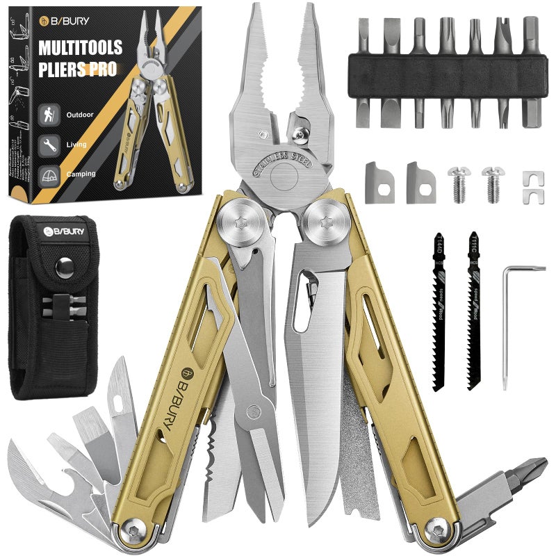BIBURY Multitool Pliers Pro BI2045, 31-in-1 Stainless Steel Multi Tool with Replaceable Wire Cutters and Saw, Foldable Heavy-duty Multitool Set with Scissors and Screwdriver for Hiking Camping Repair - Image 1