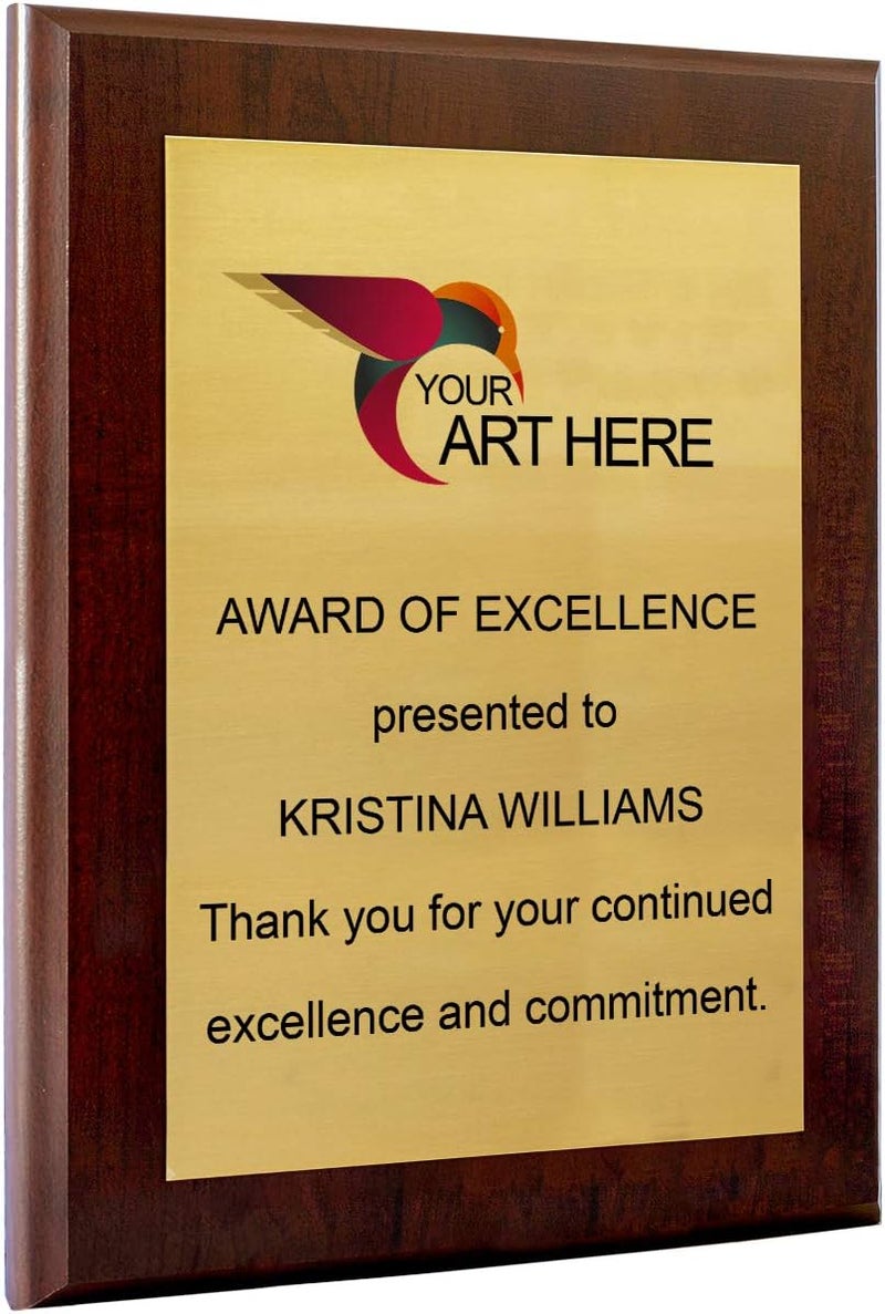 PlaqueMaker Custom Aluminum Metal Award Plaque with Full Color Printing - Include Photos Or Logos and Your Personal Text (9 x 12", Coated Cherry Board w/Gold Metal) - Image 1
