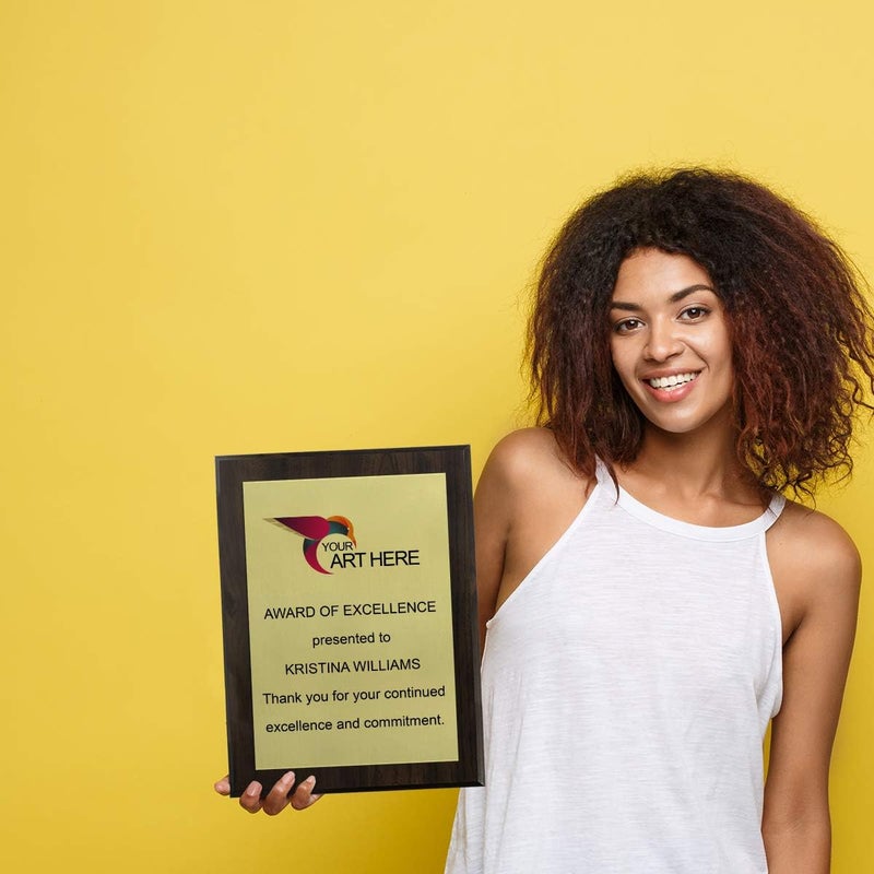 PlaqueMaker Custom Aluminum Metal Award Plaque with Full Color Printing - Include Photos Or Logos and Your Personal Text (9 x 12", Coated Cherry Board w/Gold Metal) - Image 4