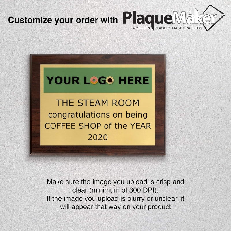 PlaqueMaker Custom Aluminum Metal Award Plaque with Full Color Printing - Include Photos Or Logos and Your Personal Text (9 x 12", Coated Cherry Board w/Gold Metal) - Image 5