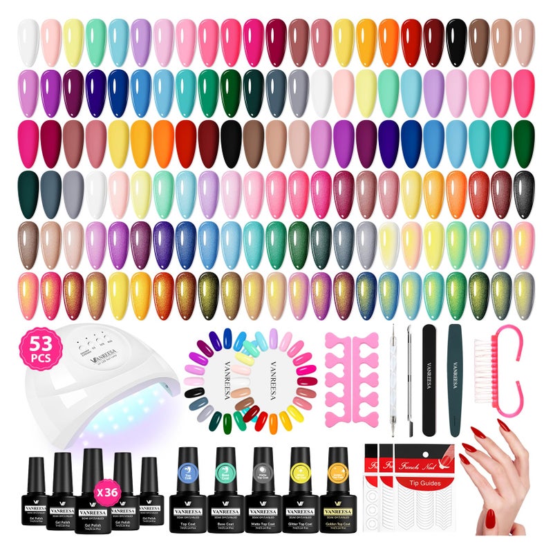 VANREESA Gel Nail Polish Kit with U V Light 53 Pcs Gel Polish Nail Set 36 Trendy Colors Nail Polish Set + Base and 4 Effects Top Coat with Manicure Tools Complete Nail Kit Gifts for Women Girls - Image 1