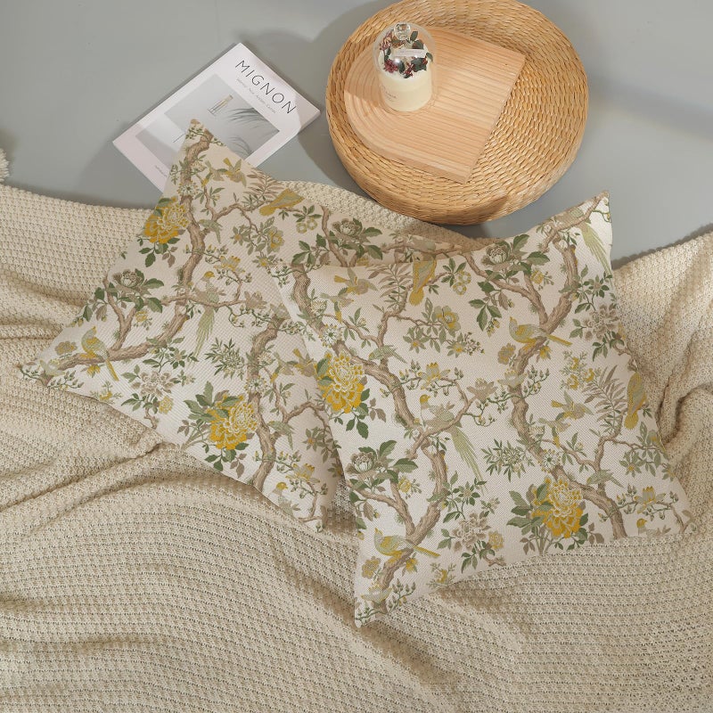 Golianda Yellow Green Floral Bird Pillow Covers 18X18 Set Of 2 Chinoiserie Throw Pillows Vintage Flowers Bird Decorative Pillow Cases Outdoor Chinoiserie Decor Farmhouse Cushion Case For Couch Sofa - Image 5