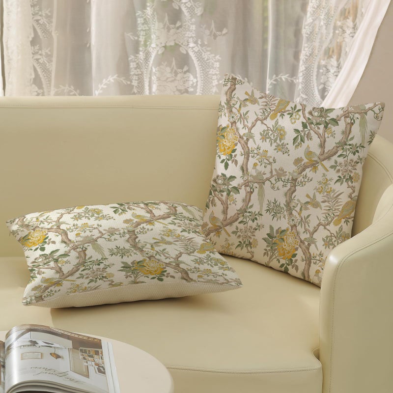 Golianda Yellow Green Floral Bird Pillow Covers 18X18 Set Of 2 Chinoiserie Throw Pillows Vintage Flowers Bird Decorative Pillow Cases Outdoor Chinoiserie Decor Farmhouse Cushion Case For Couch Sofa - Image 4