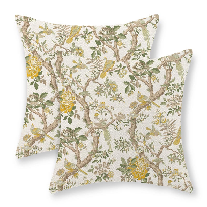Golianda Yellow Green Floral Bird Pillow Covers 18X18 Set Of 2 Chinoiserie Throw Pillows Vintage Flowers Bird Decorative Pillow Cases Outdoor Chinoiserie Decor Farmhouse Cushion Case For Couch Sofa - Image 1