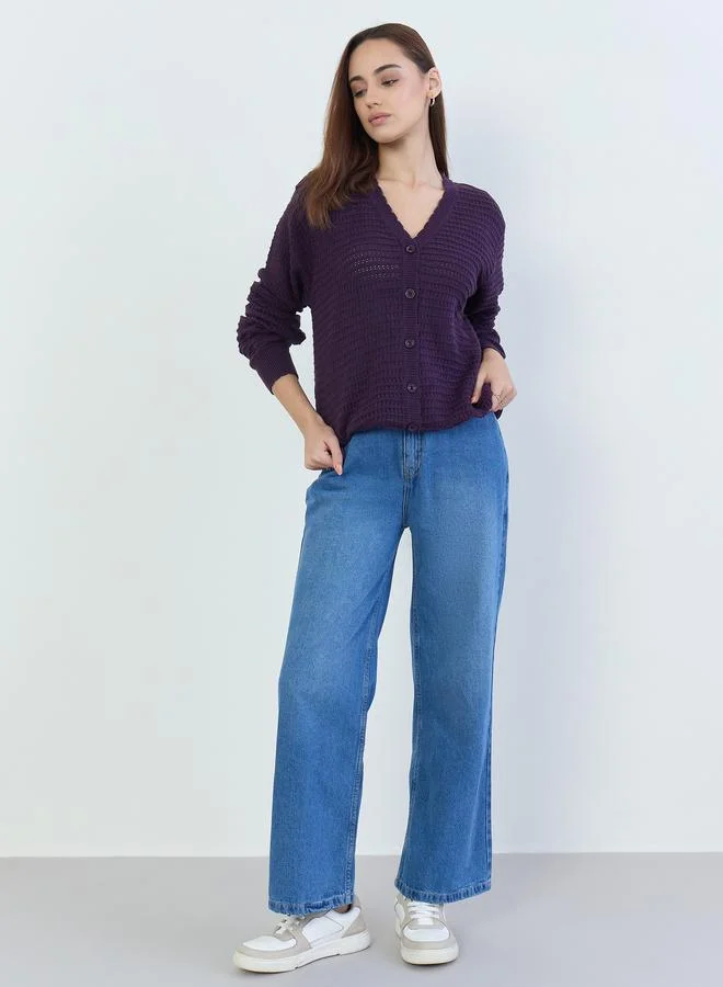 Styli Styli Purple Textured Regular Fit Regular Length Buttoned Cardigan