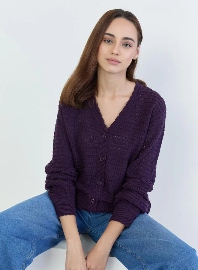 Styli Purple Textured Regular Fit Regular Length Buttoned Cardigan