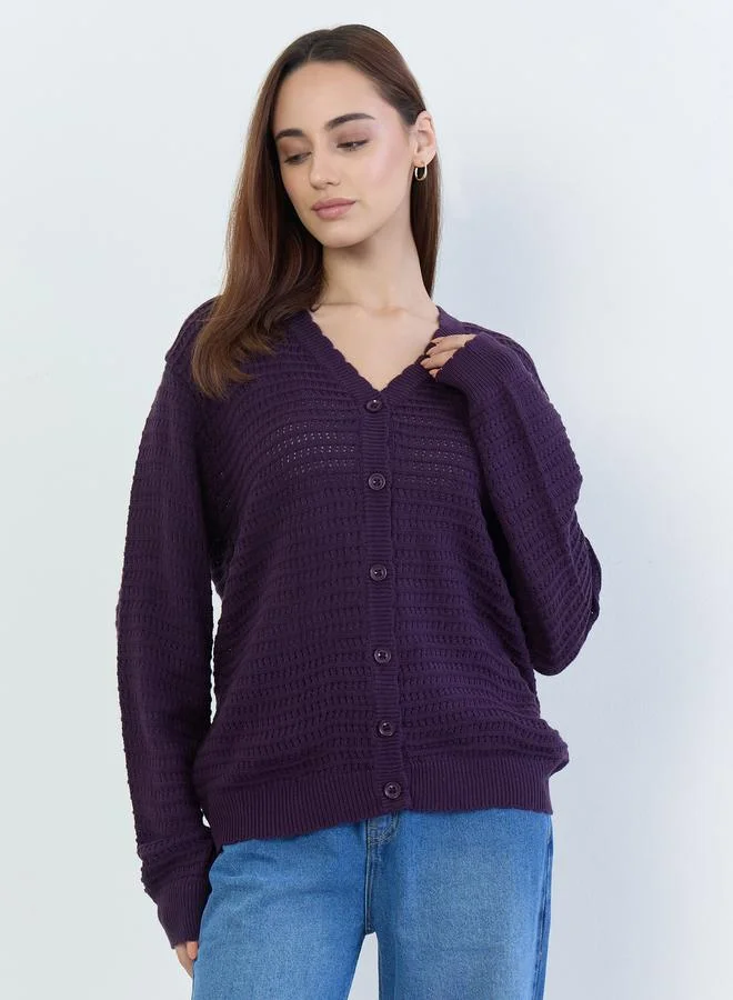 Styli Styli Purple Textured Regular Fit Regular Length Buttoned Cardigan
