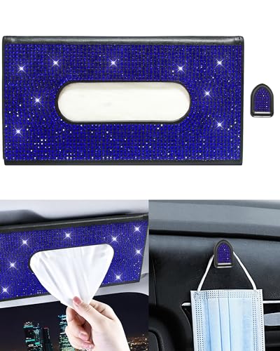 Xuduvay Bling Car Sun Visor Tissue Box HolderPU Leather with Bling Crystal Rhinestones Tissue HolderCar Accessories for Women Blue - Image 1