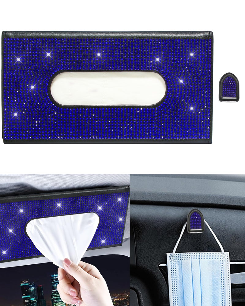 Xuduvay Bling Car Sun Visor Tissue Box HolderPU Leather with Bling Crystal Rhinestones Tissue HolderCar Accessories for Women Blue - Image 3