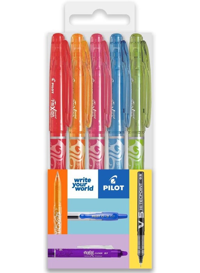 PILOT Frixion Heat/Friction Erasable Rollerball Pen FR7 - Medium Line 0.7mm Tip Nib - Bright Pillow Pack of 5 - Red, Orange, Pink, Light Blue & Lime Green - Image 1