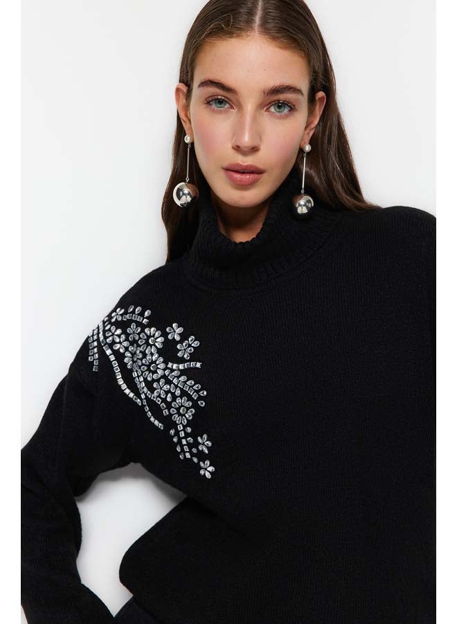 trendyol Black Soft Textured Stone Detailed Turtleneck Knitwear Sweater TWOAW24KZ00188  - Image 1