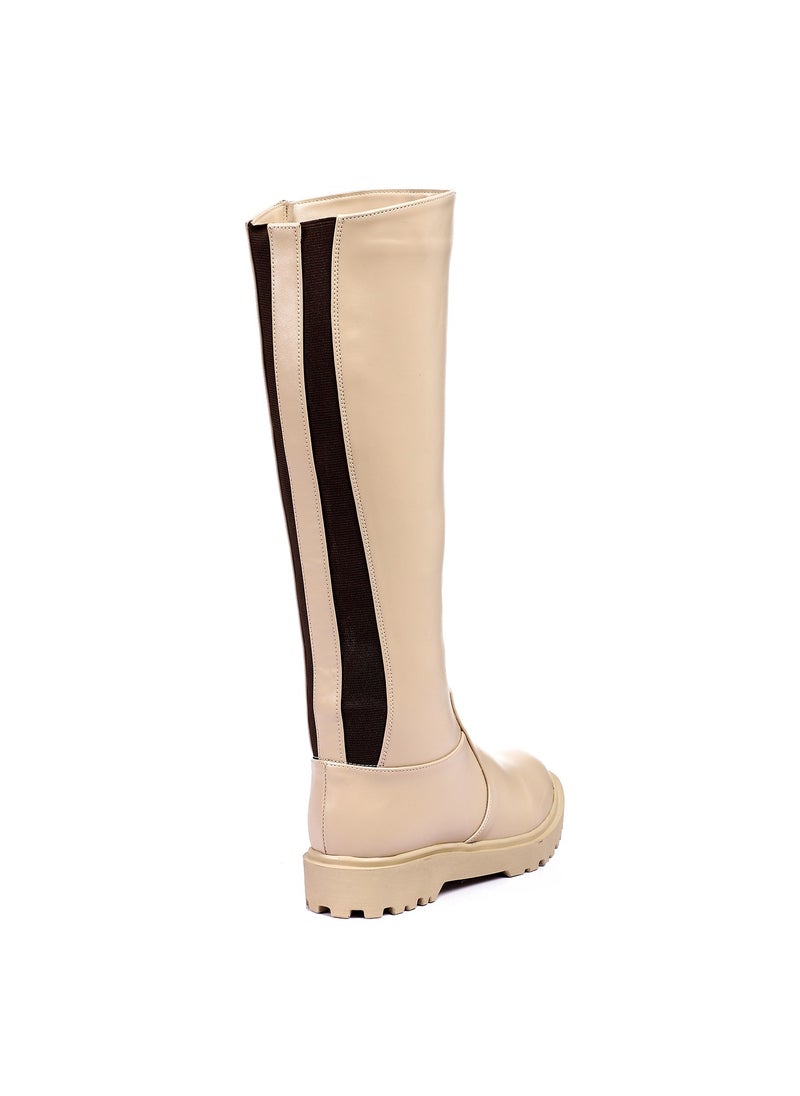 Mr.joe Side Zipper Under Knee Leather Beige Boots  - Image 3