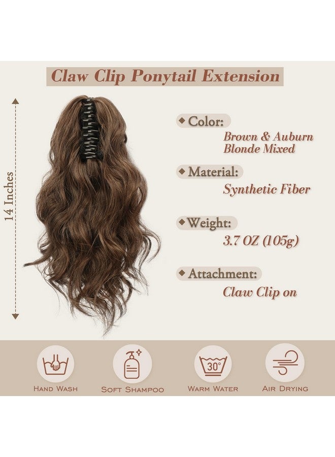 BARSDAR Short Wavy Ponytail Extension - 14 Inch Claw Clip Ponytail Hair Extensions for Women - Synthetic Clip in Brown Pony Tails Hairpieces Daily Party Halloween - Brown & Auburn Mixed - Image 2