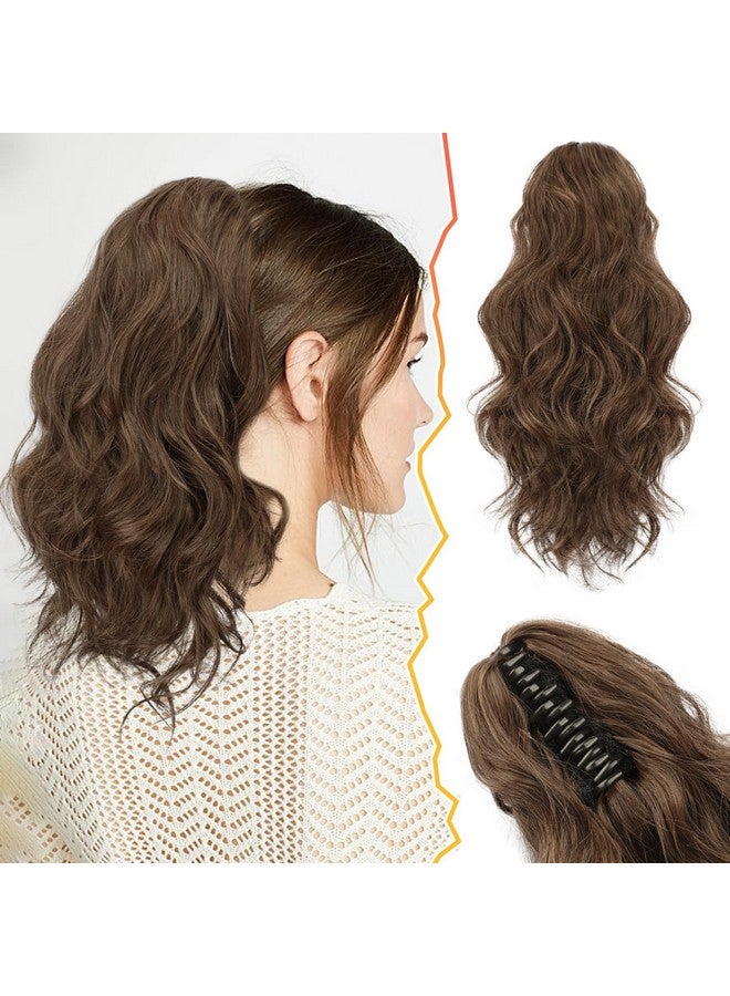 BARSDAR Short Wavy Ponytail Extension - 14 Inch Claw Clip Ponytail Hair Extensions for Women - Synthetic Clip in Brown Pony Tails Hairpieces Daily Party Halloween - Brown & Auburn Mixed - Image 1
