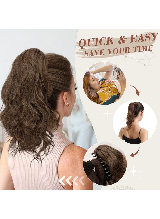 BARSDAR Short Wavy Ponytail Extension - 14 Inch Claw Clip Ponytail Hair Extensions for Women - Synthetic Clip in Brown Pony Tails Hairpieces Daily Party Halloween - Brown & Auburn Mixed - Image 4