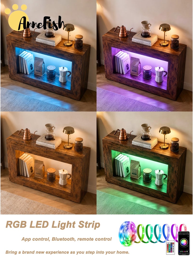 آن فش طاولة كونسول (120×30×84 سم) بتصميم ريفي (Farmhouse) وإضاءة LED، مكونة من مستويين؛ تصلح كطاولة مدخل أو طاولة خلف الأريكة أو طاولة جانبية مميزة للممرات وغرف المعيشة، وتتميز بتصميم متموج ومساحة تخزين عملية. - Image 2
