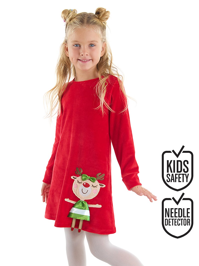 Denokids Cute Deer Girl Red Velvet Xmas Dress - Image 1