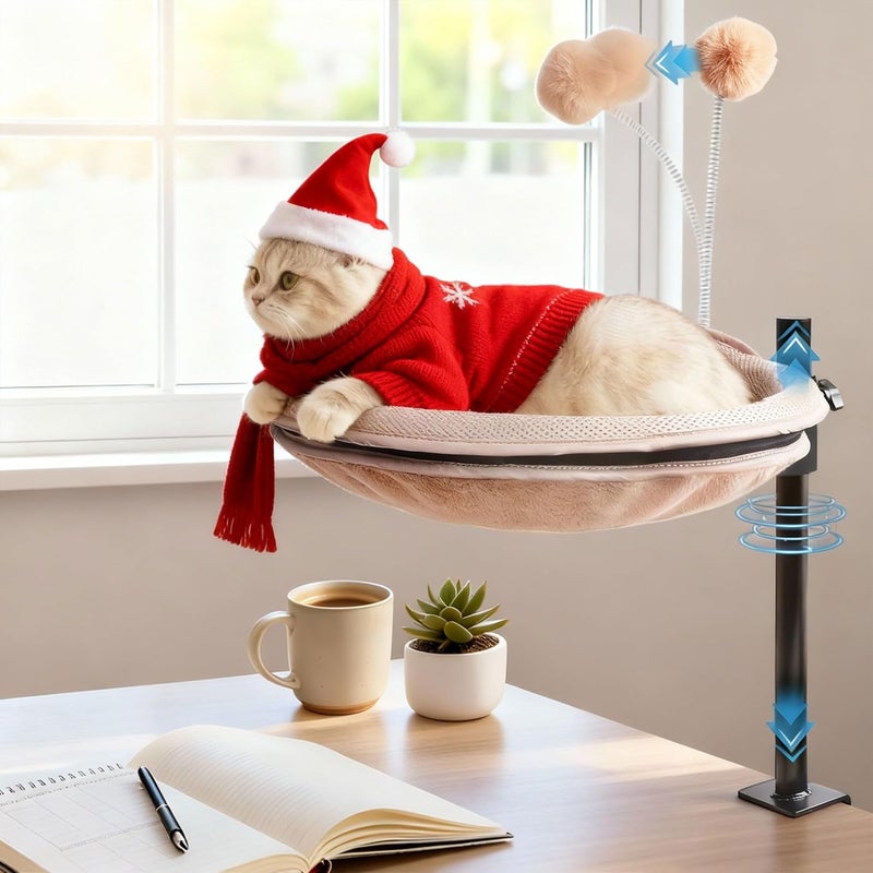 RASSR Cat Desk Bed Rotating & Adjustable– 360° Swivel Cat Hammock with Removable Washable Cover, Sturdy Desktop Perch Holds Up to 60lbs, Perfect for Indoor Cats(Khaki) - Image 1