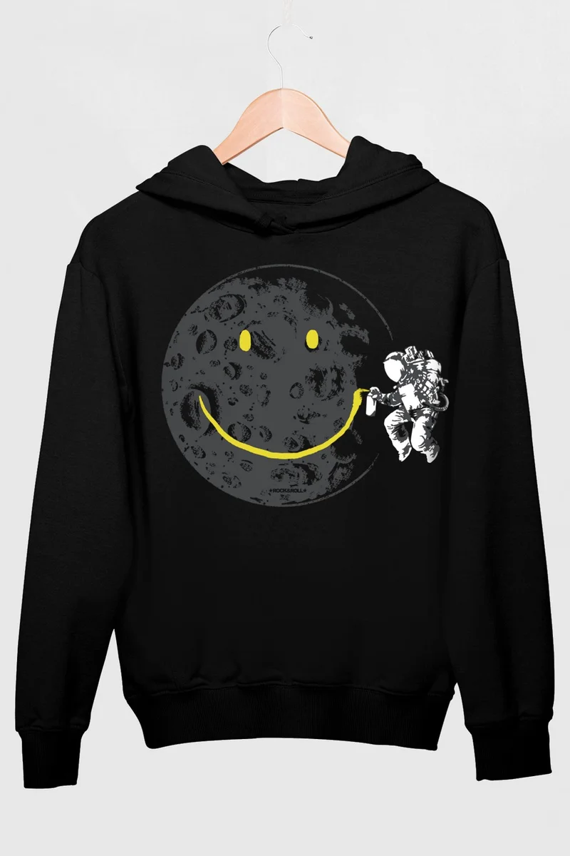 Rock&Roll Graffiti Astronaut Black Hooded Thick Men's Sweatshirt