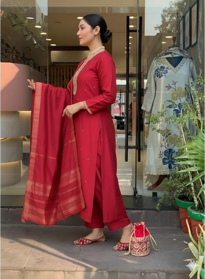 Yashika Women’s Silk Blend Kurta Set with Dupatta, Traditional Ethnic Wear Kurtis for Women|Red|S - Image 3
