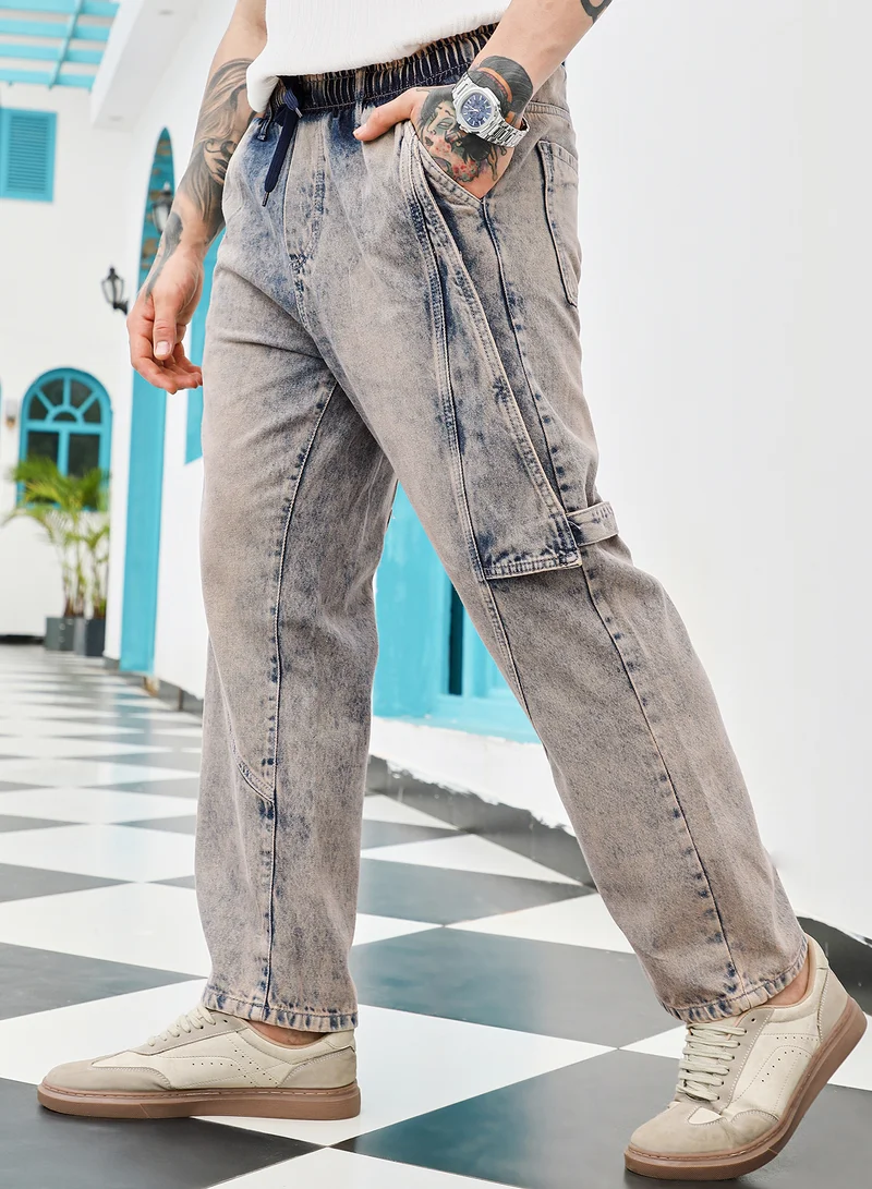 Men's Indigo Blue Acid-Wash Panelled Denim Jeans | Mid-Rise , Straight Hem , Drawstring Closure , Straight-Fit | Solid Denim | Cotton Jeans For Casual Wear