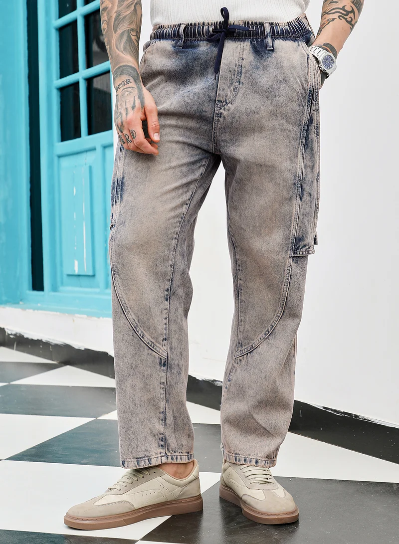 Campus Sutra Men's Indigo Blue Acid-Wash Panelled Denim Jeans | Mid-Rise , Straight Hem , Drawstring Closure , Straight-Fit | Solid Denim | Cotton Jeans For Casual Wear