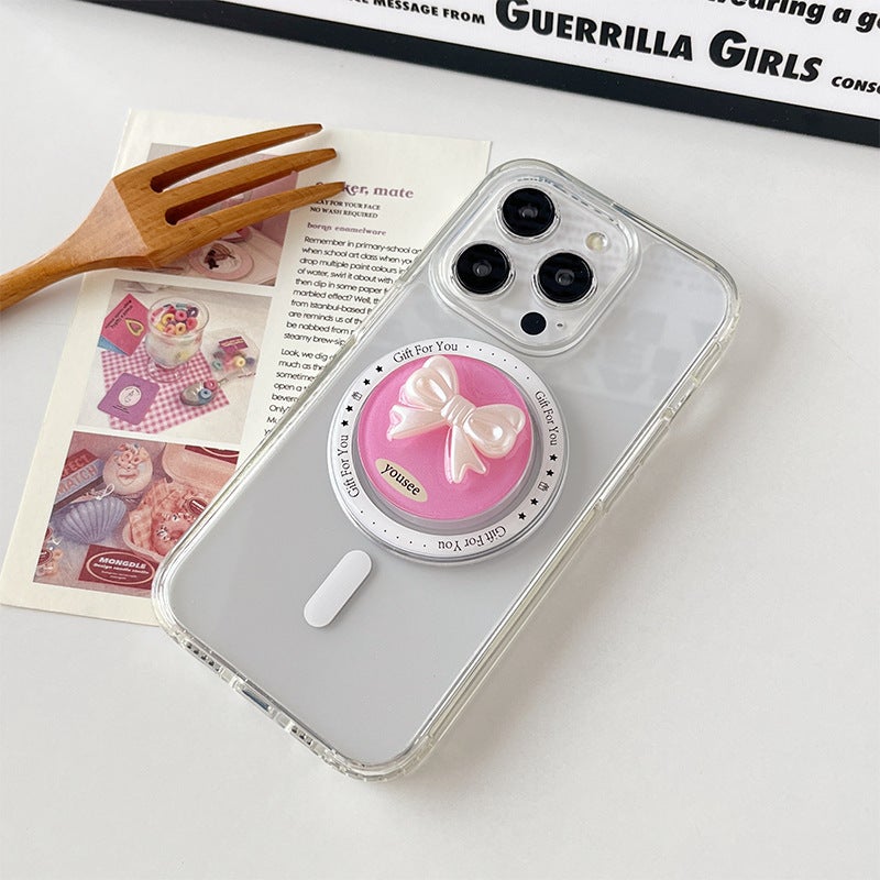Solid Color Bow Phone Case Magnetic Airbag Holder Retractable Korean Ins Style Ring Buckle Desktop Support Stand - Image 4