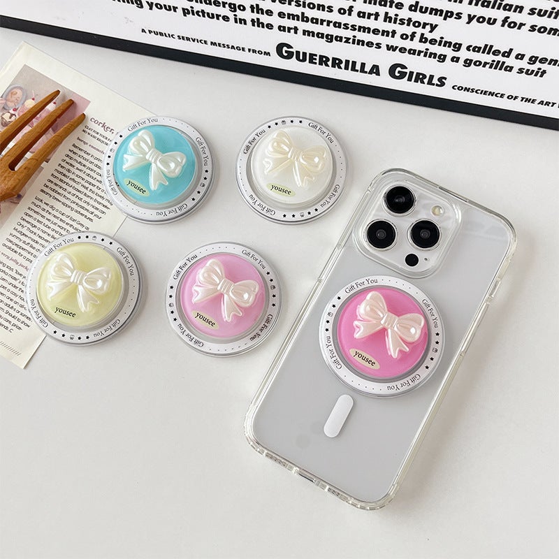 Solid Color Bow Phone Case Magnetic Airbag Holder Retractable Korean Ins Style Ring Buckle Desktop Support Stand - Image 2