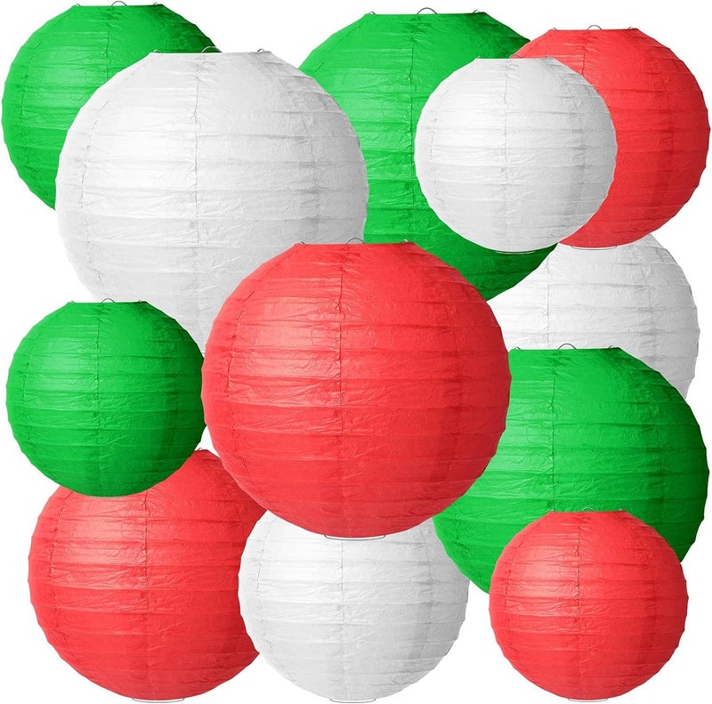 The Decor Affair Set of 12 Round Paper Lanterns to Transform Your Celebrations - Perfect for Christmas, Wedding, Birthday, and Event Decoratio (Red, White, Green) - Image 1