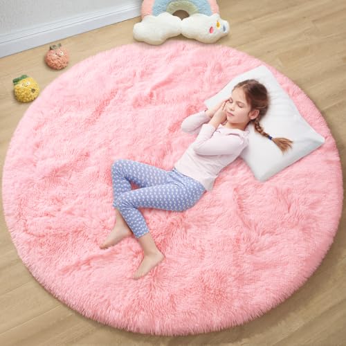 EVOIONOS Pink Round Rug for Bedroom 4x4 Ft Fluffy Soft Circle Area Rugs for Living Room Plush Shaggy Circular Carpet for Indoor Floor Bedside Girls Nursery MachineWashable Home Decor Aesthetic
