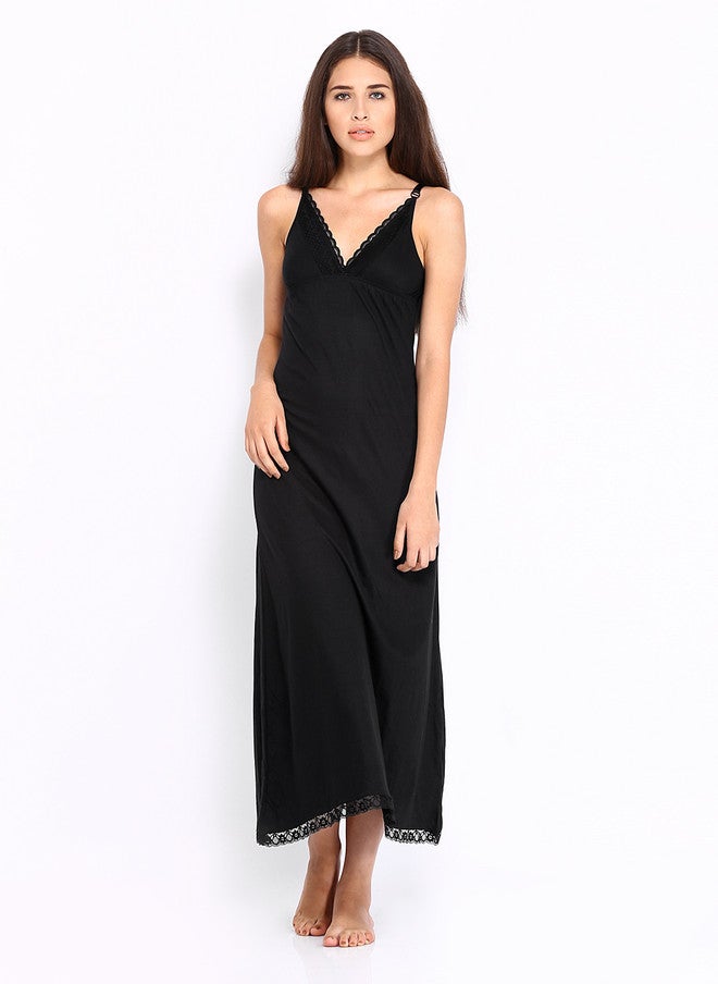 Red Rose Black Maxi Nightdress Slip with Lace Detail - Image 1