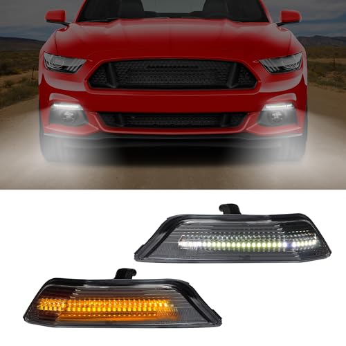 KAKABAS LED DRL Front Bumper Turn Signal Light Compatible With Ford Mustang 2015 2016 2017, Transparent Lens White Turn Water Light/Amber Sequential Turn Signal Light, 2PCS - Image 1