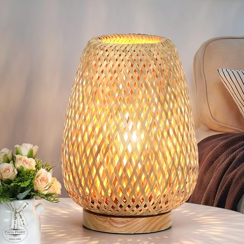 Brightever Rattan Table Lamp, Stepless Dimmable Small Beside Lamp, Vintage Wicker Wooden Nightstand Boho Bamboo Woven End Table Lamps for Bedroom Living Room Desk Kids Room, 2700K T45 LED Bulb Included - Image 1