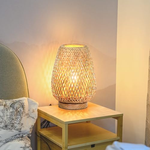 Brightever Rattan Table Lamp, Stepless Dimmable Small Beside Lamp, Vintage Wicker Wooden Nightstand Boho Bamboo Woven End Table Lamps for Bedroom Living Room Desk Kids Room, 2700K T45 LED Bulb Included - Image 5