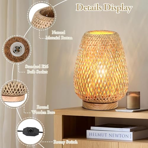 Brightever Rattan Table Lamp, Stepless Dimmable Small Beside Lamp, Vintage Wicker Wooden Nightstand Boho Bamboo Woven End Table Lamps for Bedroom Living Room Desk Kids Room, 2700K T45 LED Bulb Included - Image 4