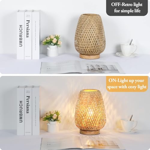 Brightever Rattan Table Lamp, Stepless Dimmable Small Beside Lamp, Vintage Wicker Wooden Nightstand Boho Bamboo Woven End Table Lamps for Bedroom Living Room Desk Kids Room, 2700K T45 LED Bulb Included - Image 3