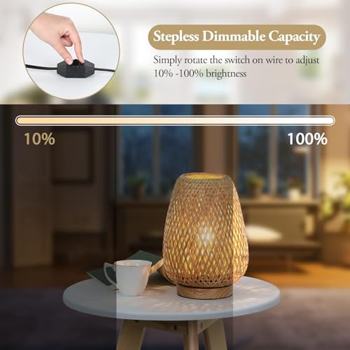 Brightever Rattan Table Lamp, Stepless Dimmable Small Beside Lamp, Vintage Wicker Wooden Nightstand Boho Bamboo Woven End Table Lamps for Bedroom Living Room Desk Kids Room, 2700K T45 LED Bulb Included - Image 2