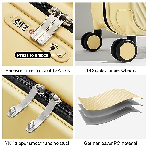 mixi Carry On Luggage Airline Approved 20'' Lightweight Luggage Wide Handle PC Hardshell Suitcases with Spinner Wheels & TSA Lock, Lark Yellow - Image 5