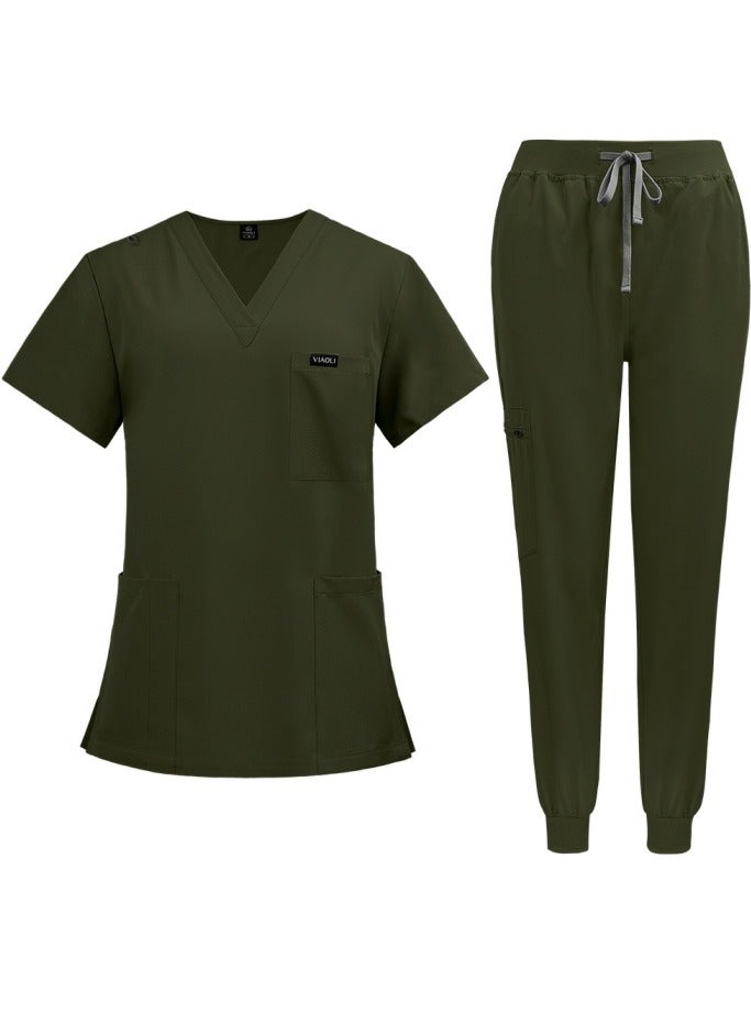 Loquat Solid Color Medical Uniform Scrubs 2 Piece Set V-Neck Top and Jogger Pants Suit Army Green  - Image 1