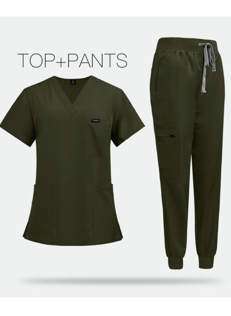 Loquat Solid Color Medical Uniform Scrubs 2 Piece Set V-Neck Top and Jogger Pants Suit Army Green  - Image 2