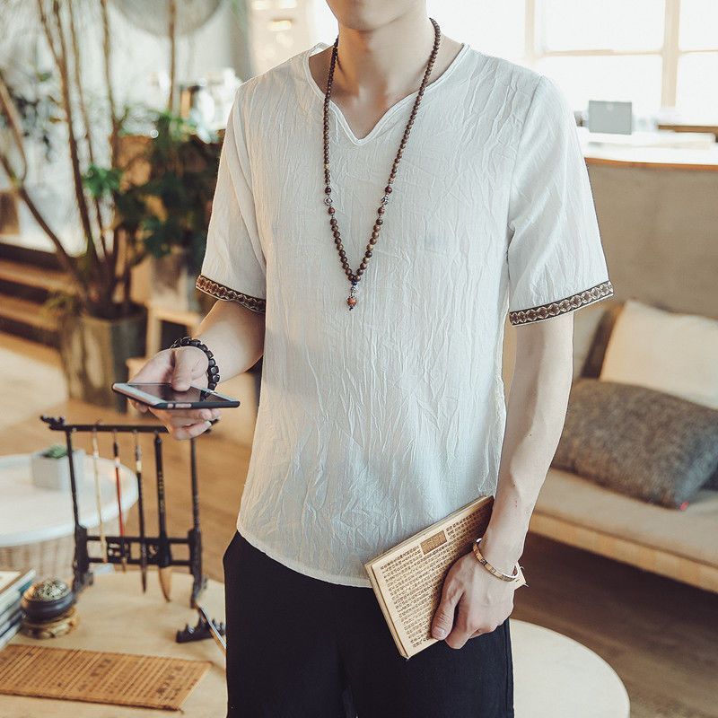 Chinese Style Men'S Cotton And Linen T-Shirt Summer Loose Hanfu Short-Sleeved Antique Top Chinese Style Retro Linen T-Shirt - Image 1
