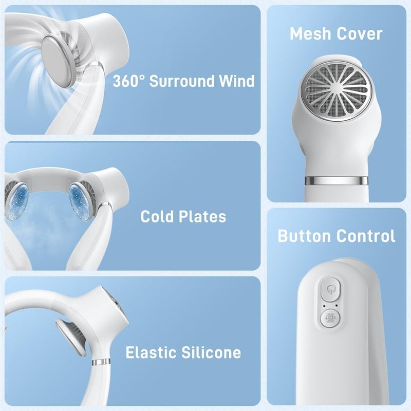 auskang Neck Fan Air Conditioner,Portable Air Cooler with Refrigerating Chip,Hands-Free Rechargeable Cooling Fan,Wearable Neck Cooler,3 Speeds Adjustable Bladeless Fans for Outdoor, Concerts, and Travel-White - Image 3