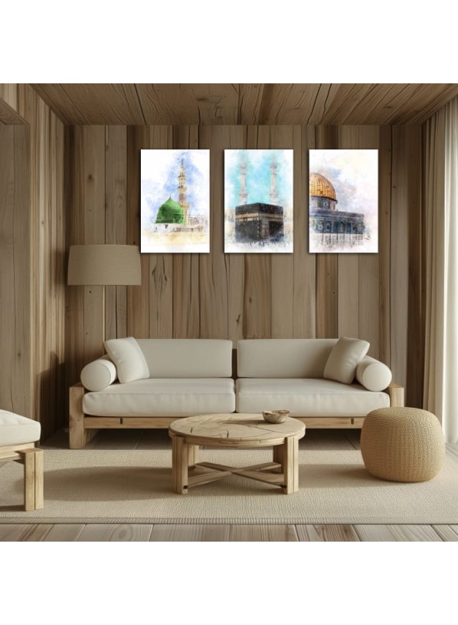 Home Gallery Set of 3 Trinity of Faith: Kaaba, Madina and Al Aqsa Printed on canvas wall art - Image 4